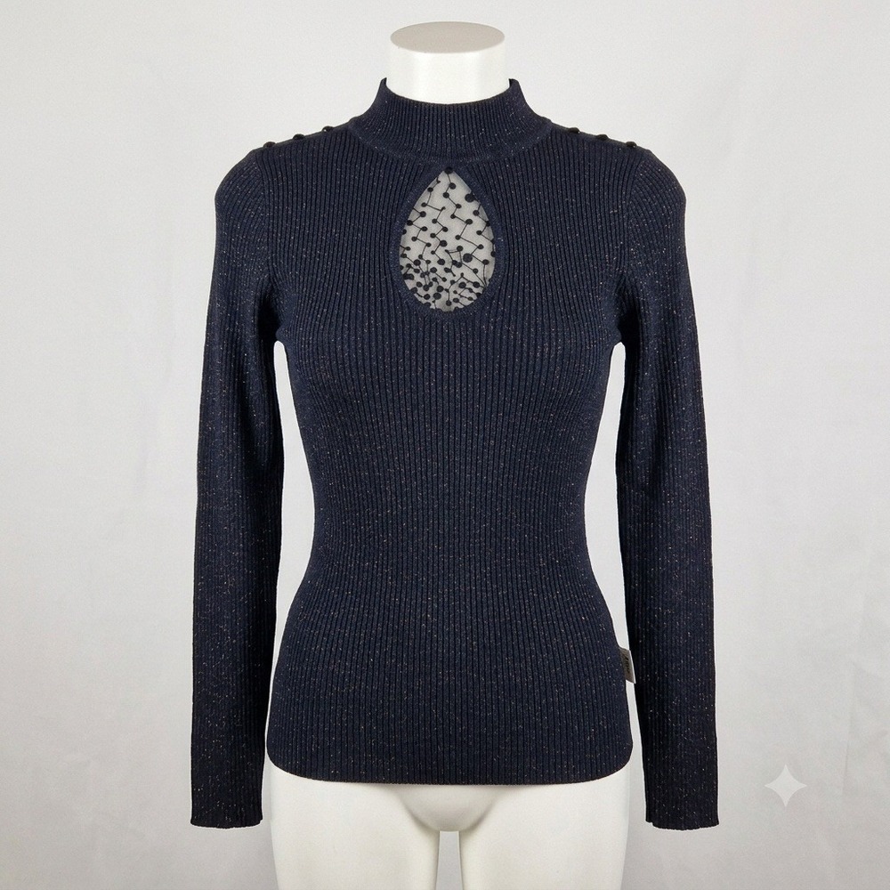Belldini Black Silk Lurex Ribbed Knit Sweater Sequin Mesh Yoke Mock Neck Medium